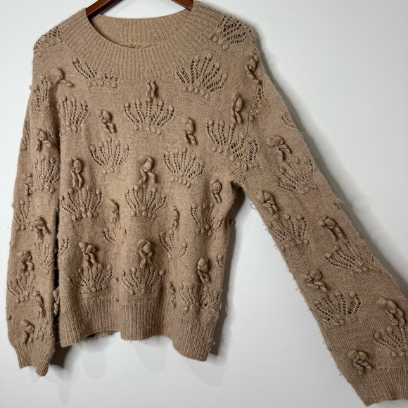 Alan Blizerian Tan 100% Cashmere Open Textured‎ Seashell Neck Sweater - Picture 2 of 16